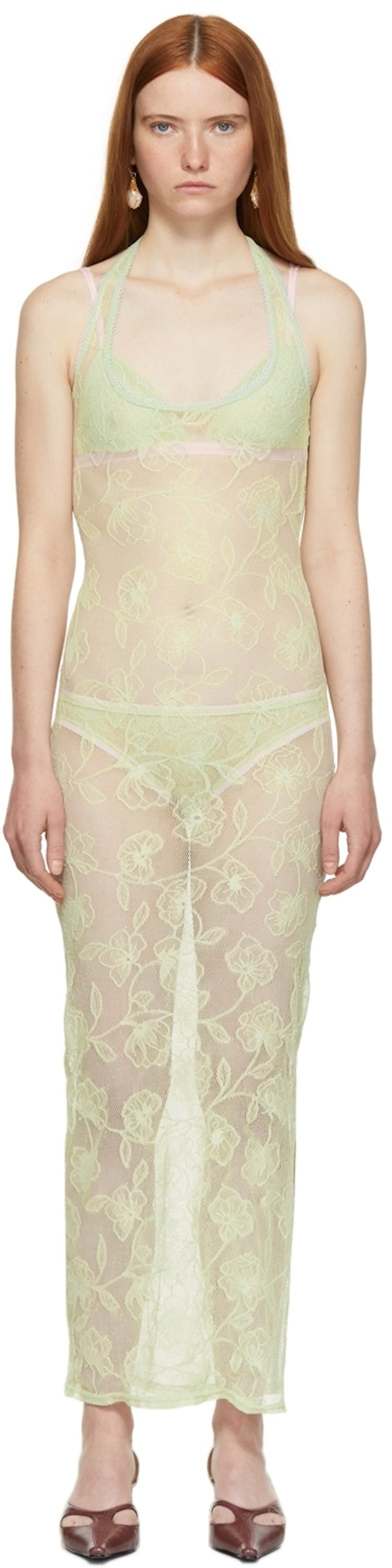 SSENSE Exclusive Green Lace Halter Dress: image 1