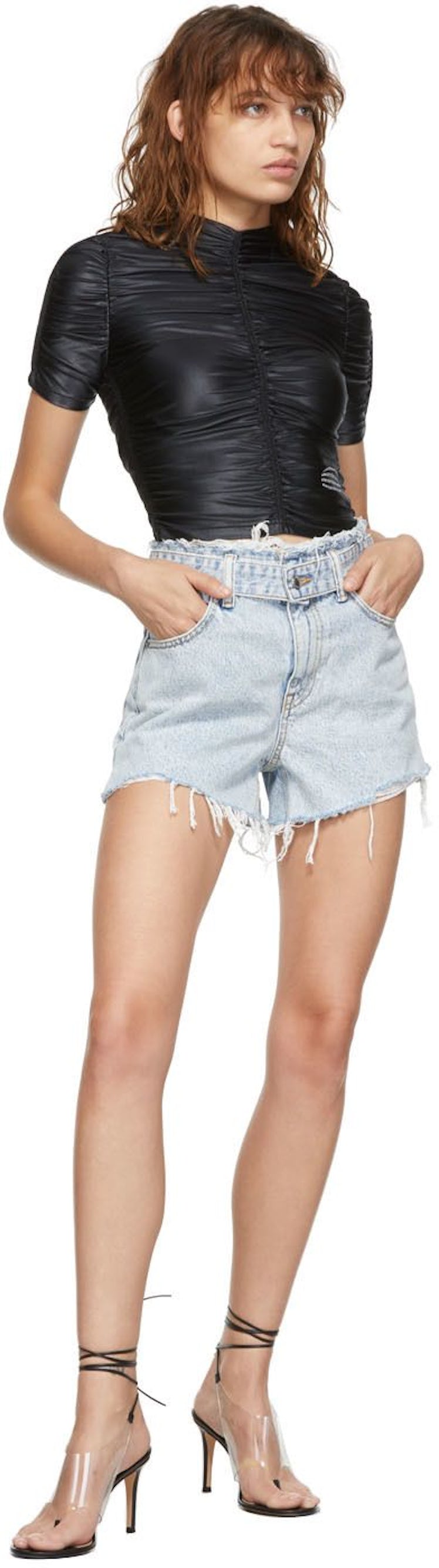 Blue Frayed Bite Denim Shorts: image 1