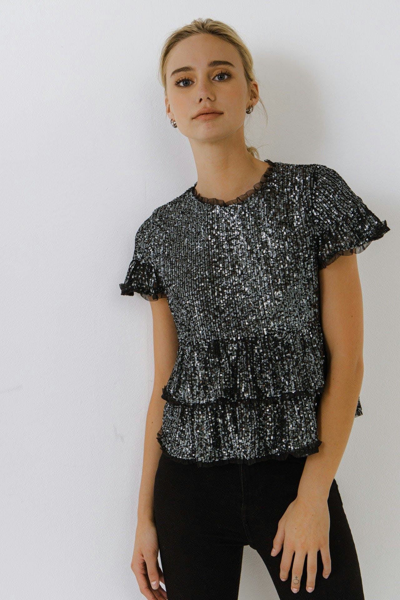 Sequins Baby Doll Top with Mesh: image 1