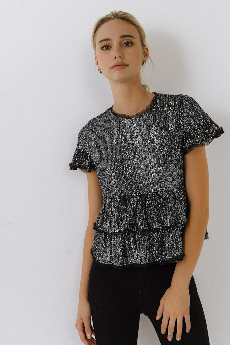 Sequins Baby Doll Top with Mesh: image 1