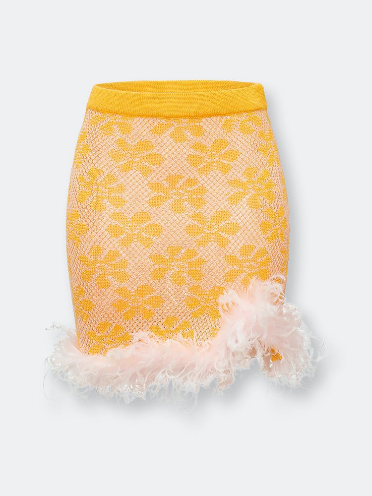 Mini Yellow Knit Skirt with feather details: image 1