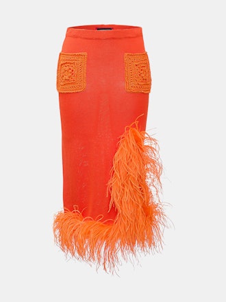 Orange Knit Skirt-Dress With Feather Details: image 1