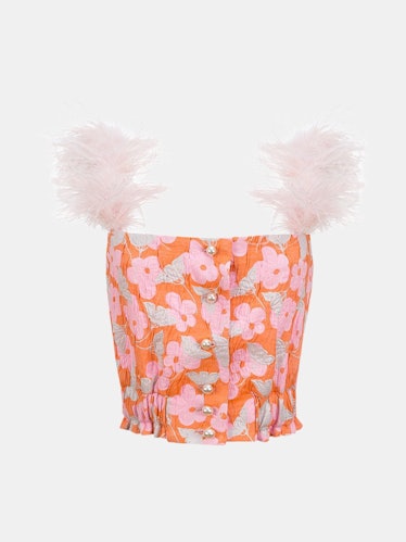 Pink Flower Top With Feather Details And Pearl Buttons: additional image