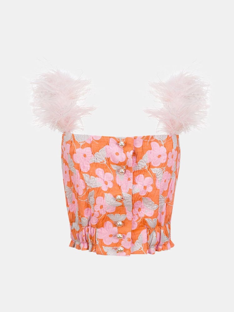 Pink Flower Top With Feather Details And Pearl Buttons: additional image