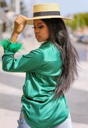 Faux Feather Trim Green Blouse: additional image