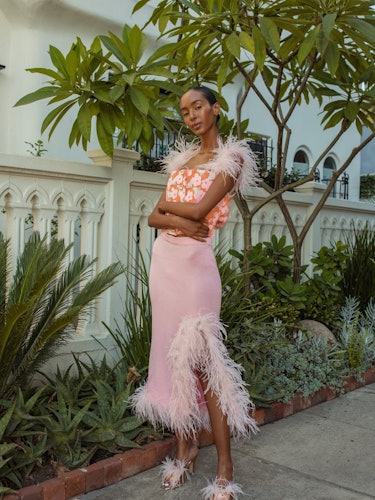 Pink Flower Top With Feather Details And Pearl Buttons: additional image