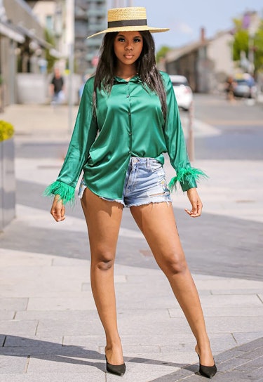 Faux Feather Trim Green Blouse: image 1