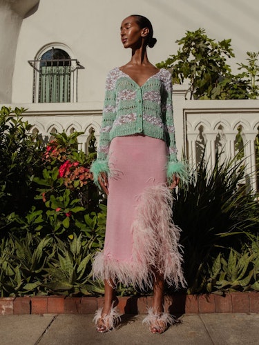 Pink Knit Skirt-Dress With Feather Details: additional image