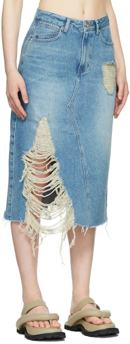 Blue Denim Distressed Midi Skirt: additional image