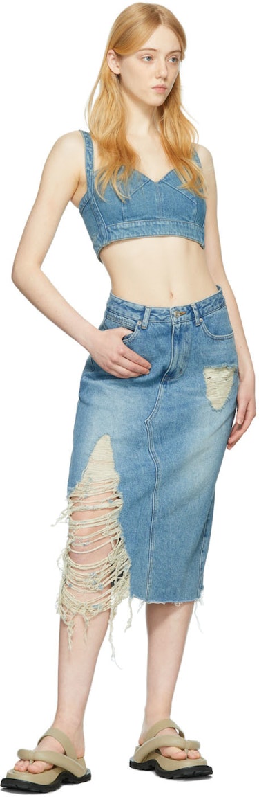 Blue Denim Distressed Midi Skirt: additional image