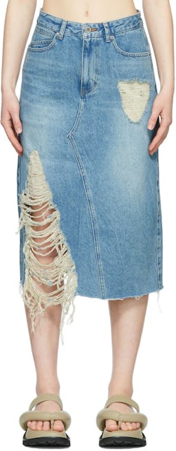 Blue Denim Distressed Midi Skirt: image 1
