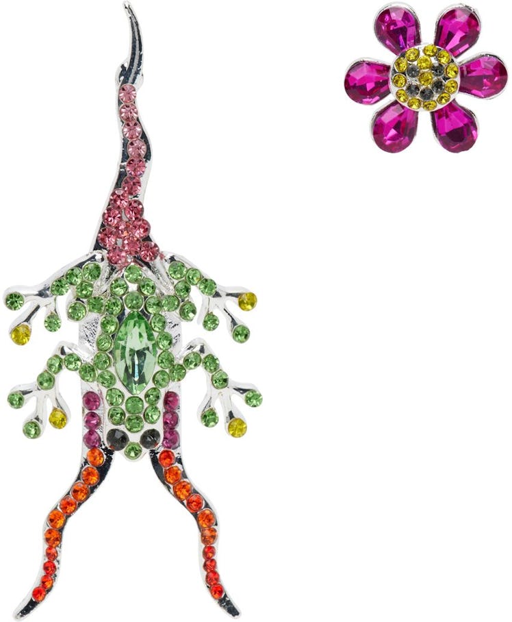 Silver Rhinestone Frog & Flower Earring: image 1