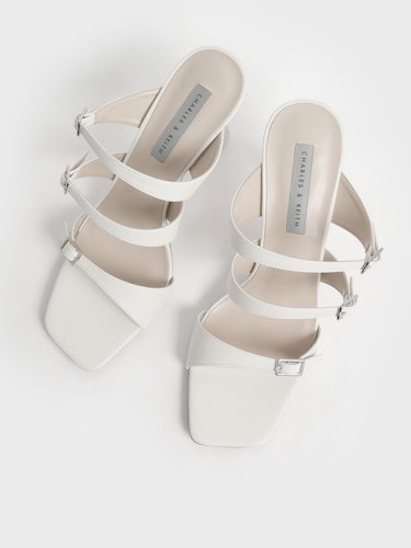 Triple Strap Sculptural Heel Mules - Cream: additional image