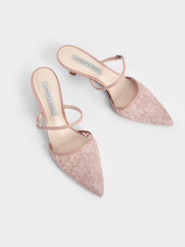Lace & Mesh Embellished-Buckle Mules - Pink: additional image