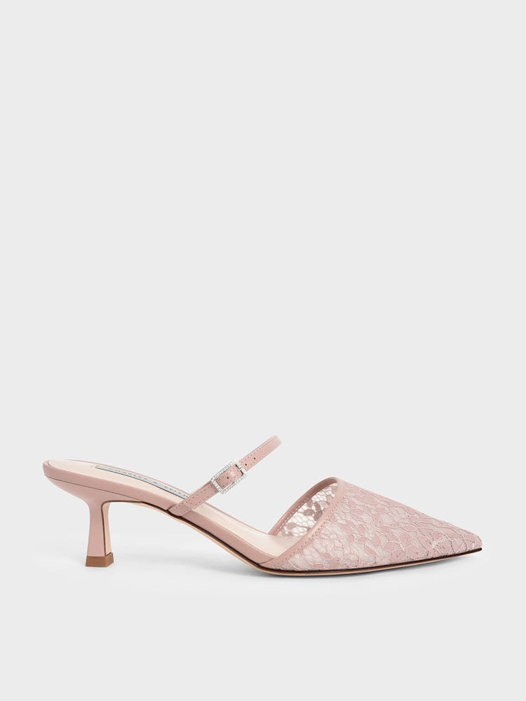 Lace & Mesh Embellished-Buckle Mules - Pink: additional image