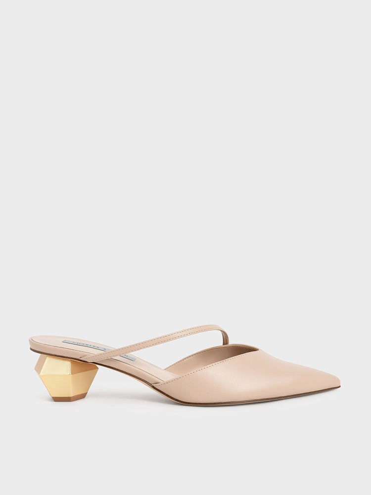 Asymmetric Strap Chrome Heel Mules - Light Pink: image 1