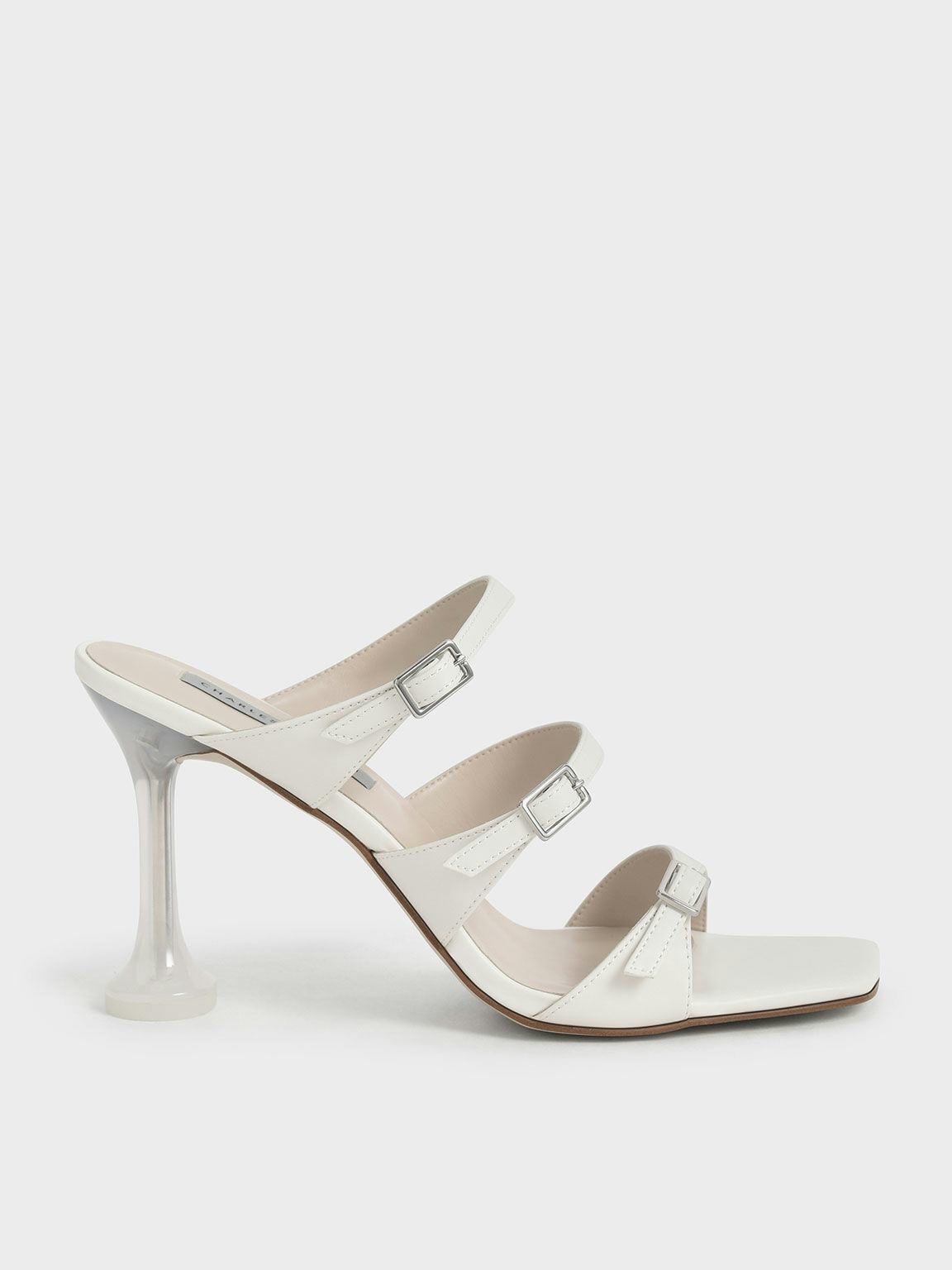 Triple Strap Sculptural Heel Mules - Cream: image 1