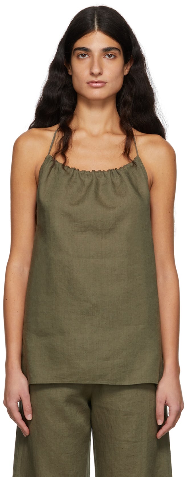 Khaki Linen Halter Neck Tank Top: image 1