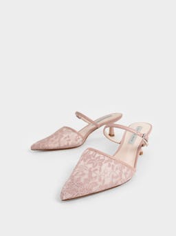 Lace & Mesh Embellished-Buckle Mules - Pink: additional image