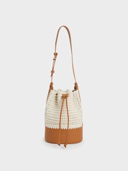 Crochet Drawstring Bucket Bag - Cognac: image 1