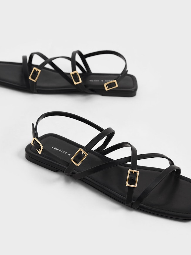 Strappy Mini Buckle Flat Sandals - Black: additional image