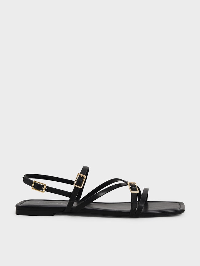 Strappy Mini Buckle Flat Sandals - Black: image 1