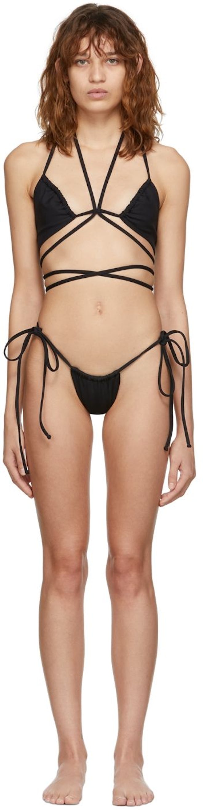 SSENSE Exclusive Black Ribbed Strappy Bikini: image 1