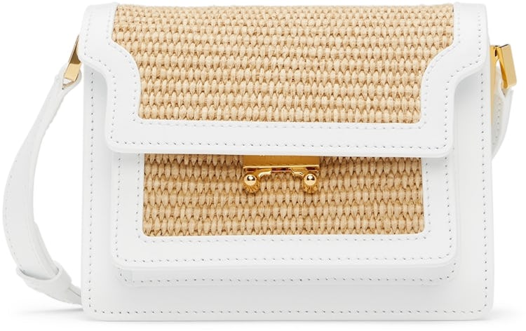 White & Beige Mini Raffia Trunk Shoulder Bag: image 1