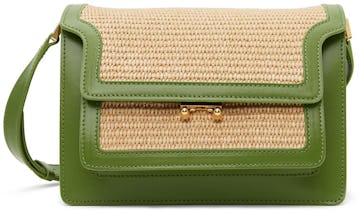 Green & Beige Medium Woven Raffia Trunk Bag: image 1