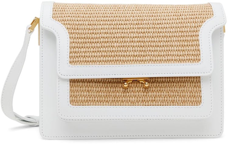 White & Beige Medium Woven Raffia Trunk Bag: image 1