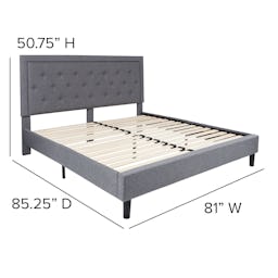 Mallory King Size Platform Bed Tufted Upholstered Platform Bed in Light Gray Fabric: additional imag...