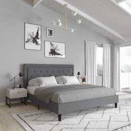 Mallory King Size Platform Bed Tufted Upholstered Platform Bed in Light Gray Fabric: additional imag...