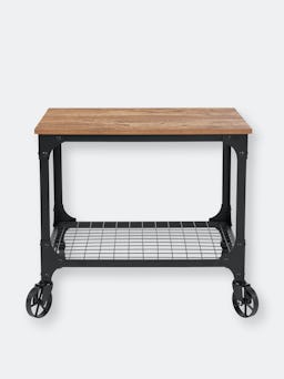 Parker Rolling Bar and Kitchen Serving Cart Rustic Wood Grain Finish and Industrial Iron Rolling Bar...