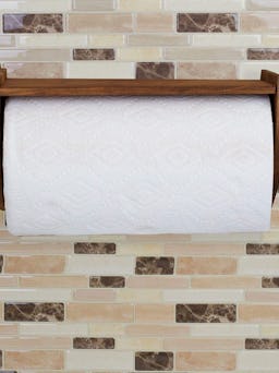 Quick Install Rustic Pine Wood Wall Mounted Paper Towel Holder with Flat Top, Brown: additional imag...