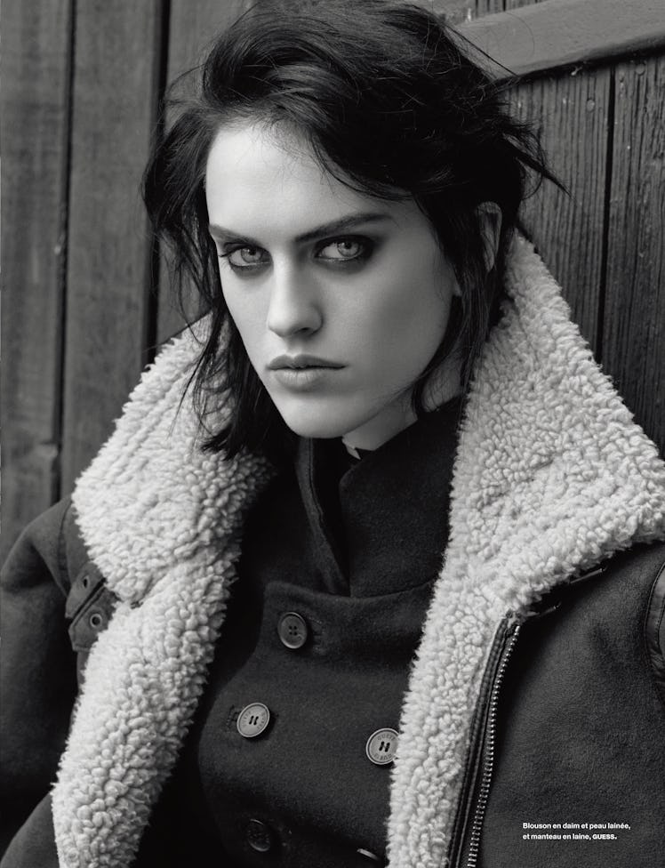 Sarah Brannon posing in a fur jacket for Numéro magazine