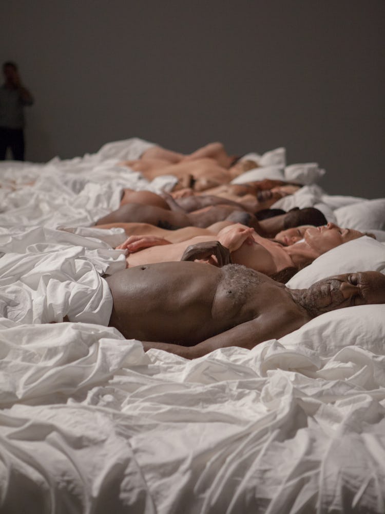 A side view of the celebrity look-a-like dolls as a part of Kanye West's Famous sculpture