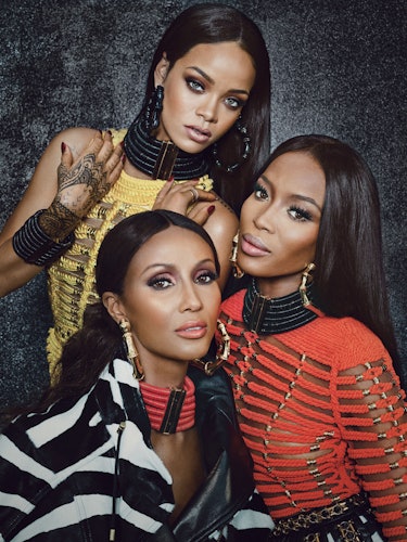 Naomi Campbell, Rihanna and Iman posing and sporting dresses by Balmain