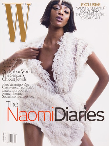 Naomi Campbell in a white feather dress on the cover of W Magazine 2007