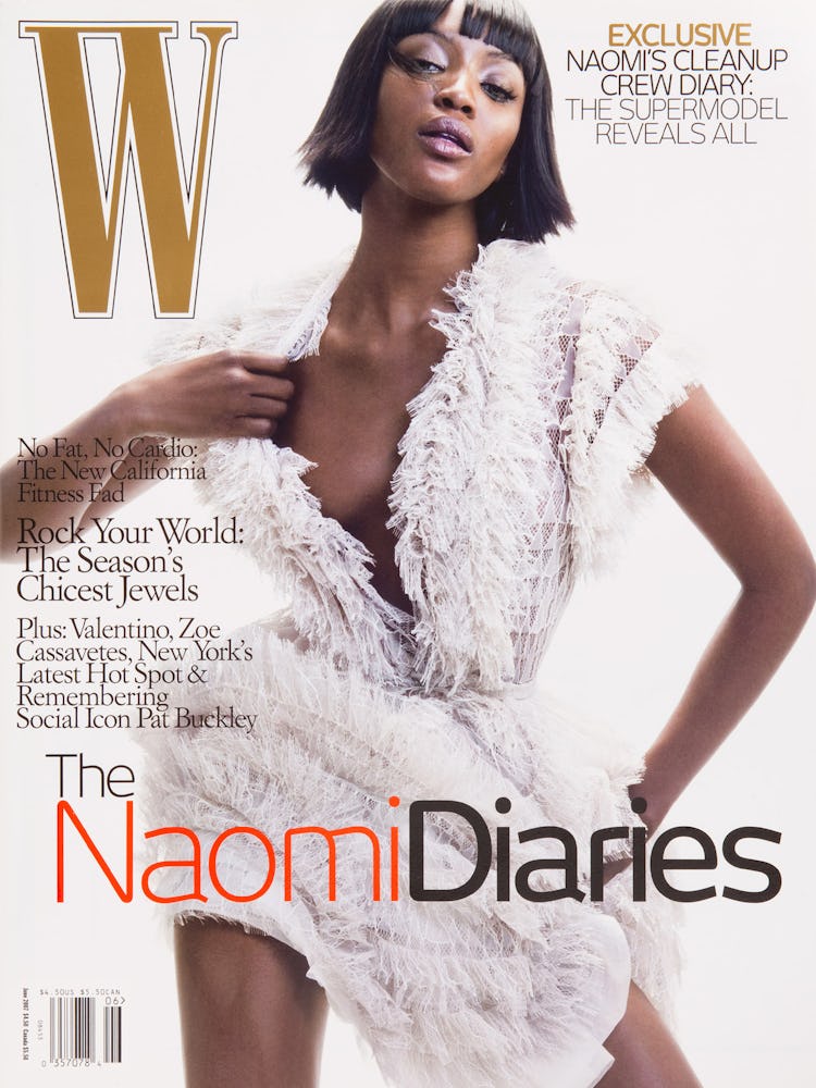 Naomi Campbell in a white feather dress on the cover of W Magazine 2007