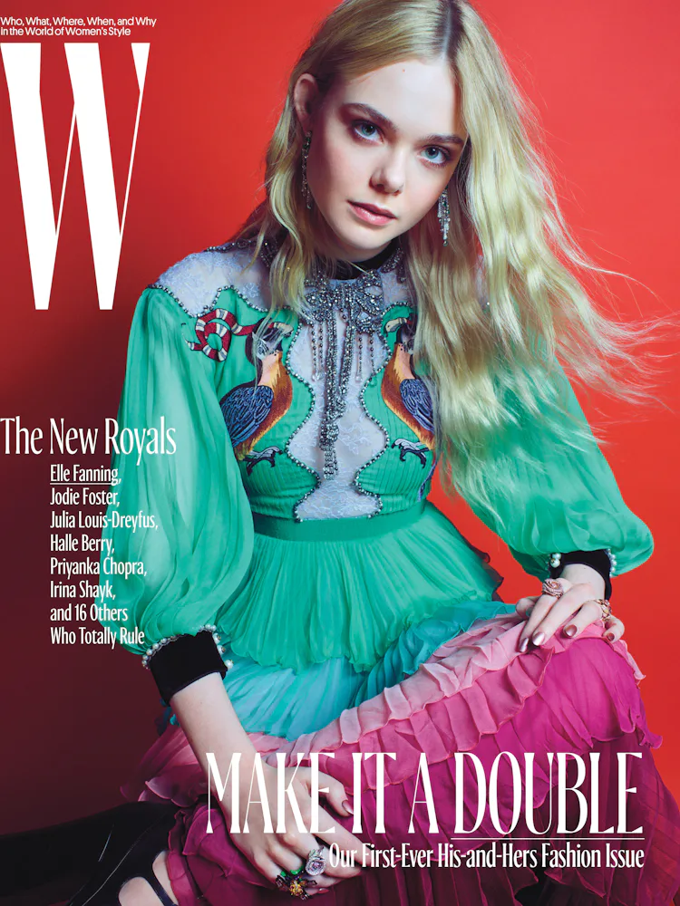 Elle Fanning wears the bird-embroidered Gucci Fall 2016 gown by Alessandro Michele for a 2016 W Magazine editorial, the same dress Mckenna Grace wore to The Hunger Games: Sunrise on the Reaping London photocall.