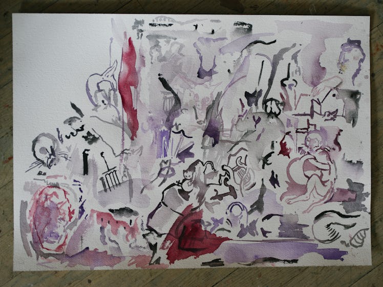 Cecily Brown's painting in mostly pink, purple and black colors in her New York studio