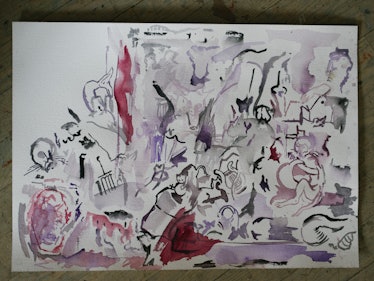An art piece by Cecily Brown in mostly purple, pink and black in her New York Studio