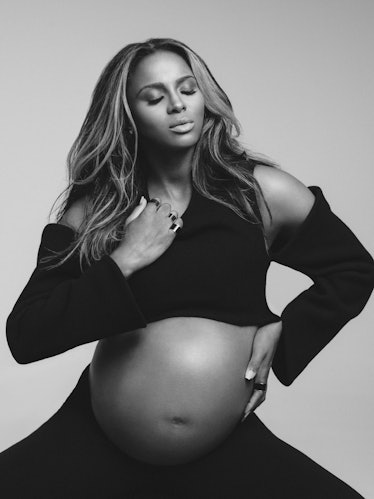 Ciara showing off her pregnant belly in black and white