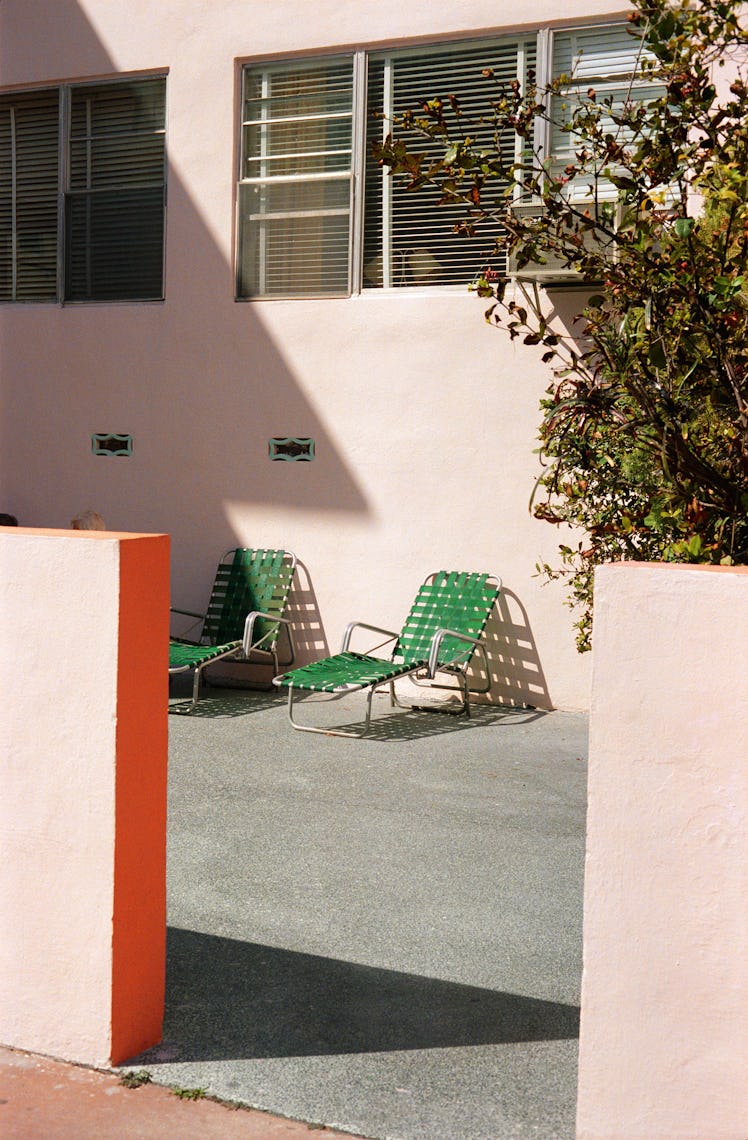 Two green deckchairs in the yard