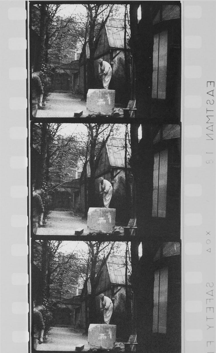 Collage of three photos of Brancusi sawing a block of limestone for the chimney