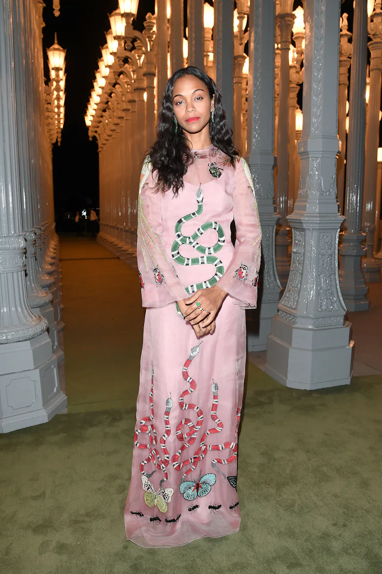 zoe saldana pink dress Celebrity Style: Zoe Saldana Pink & Black Gown At Los Angeles Premiere of Netflix's "Emilia Perez"