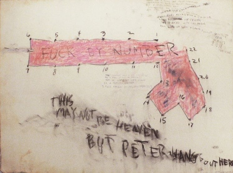 Judith Bernstein, “FUCKED BY NUMBER,” 1996. featuring an abstract sketch