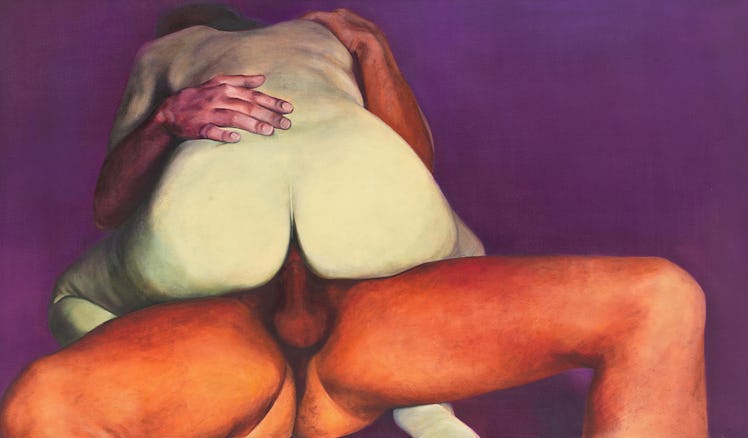 Joan Semmel, “Purple Passion,” 1973. featuring a man and a woman during sexual intercourse