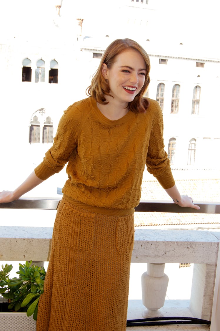 Emma Stone in Chanel at the press conference for La La Land in Venice