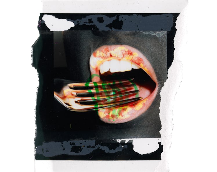 Miles Aldridge's polaroid featuring an abstract open mouth and a fork over the lips